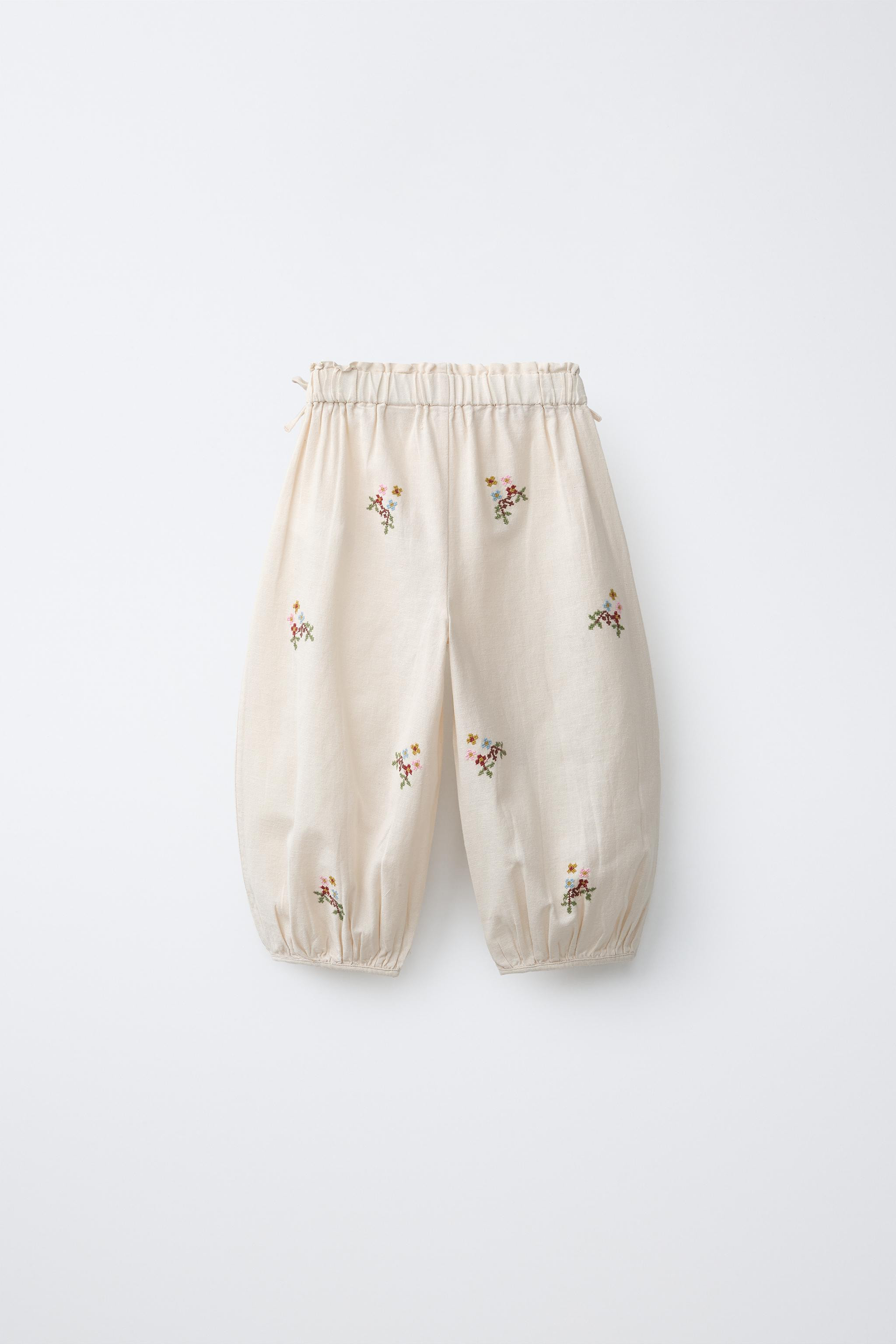 COTTON LINEN BLEND CROSS STITCH EMBROIDERED PANTS | Zara US