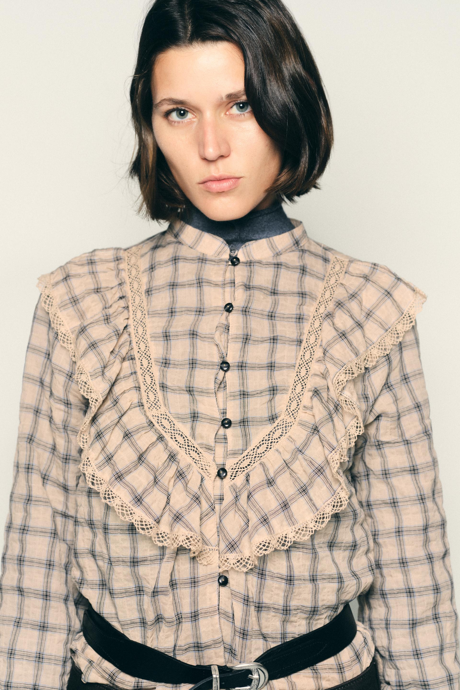 Zara - Checked Blouse With Lace Trim - Multicolored - S - Woman | Zara US