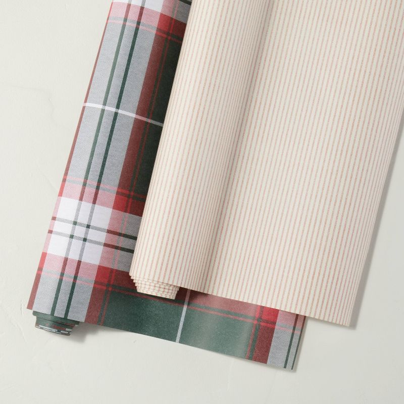 2pk Winter Plaid & Ticking Stripe Printed Holiday Gift Wrap - Hearth & Hand™ with Magnolia | Target