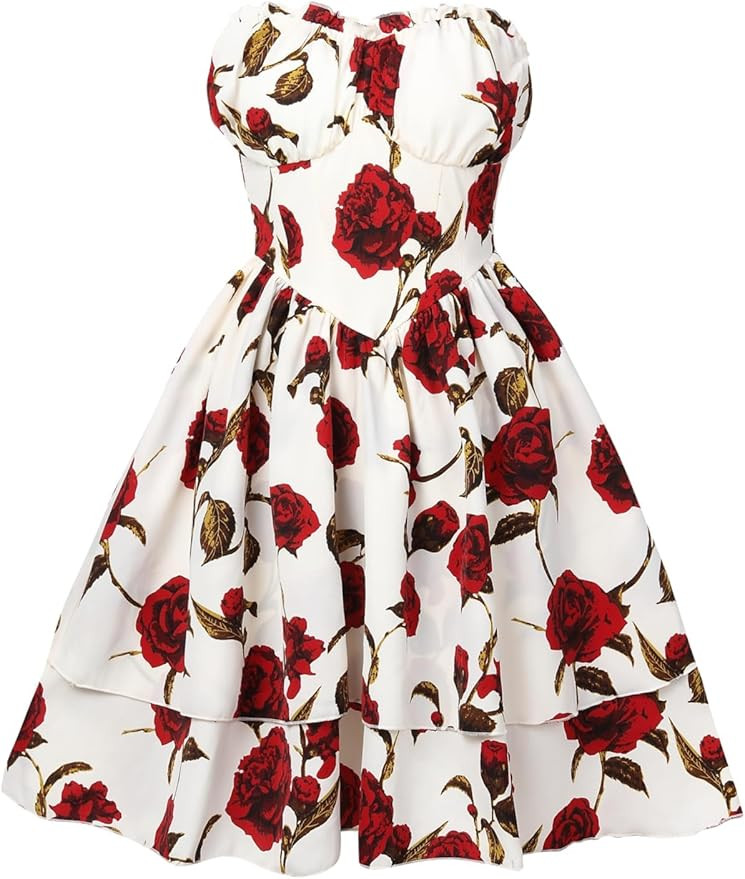 Floral Strapless Dress, Red Rose Print, White Smocked Bodice, Layered Skirt | Amazon (US)