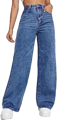 MakeMeChic Calça jeans feminina casual cintura alta perna larga jeans | Amazon (BR)