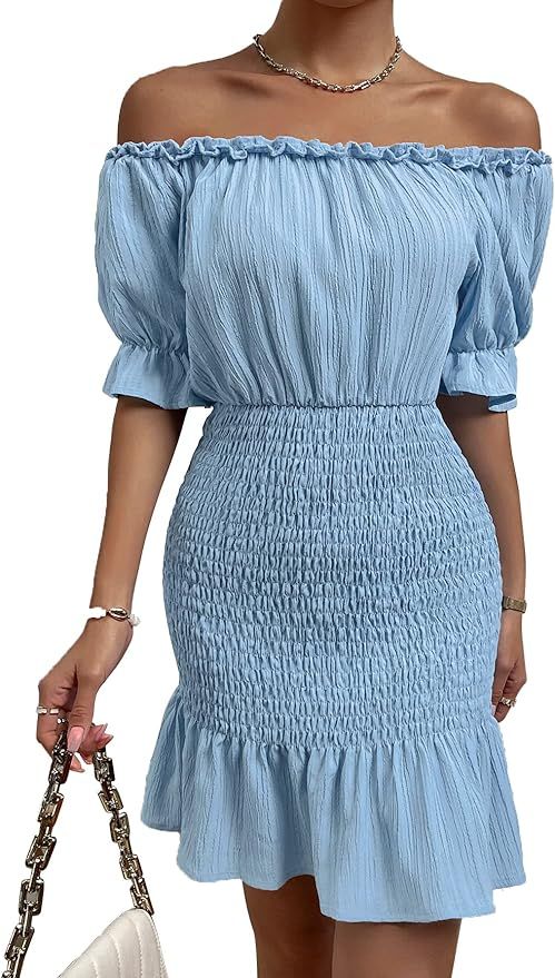 Summer Dress for Women 2024 Off Shoulder Smocked Casual Mini Dress Ruched Dresses Patry | Amazon (US)