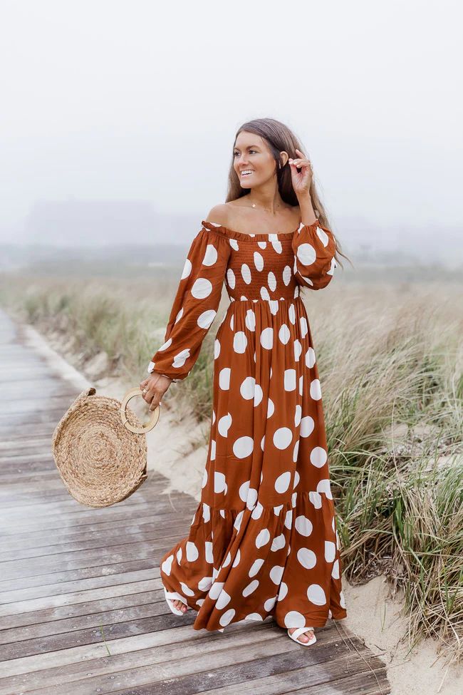 CAITLIN COVINGTON X PINK LILY Bluff Walk Brown Polka Dot Off The Shoulder Maxi Dress | Pink Lily