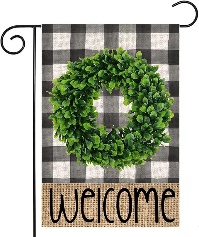 EKOREST Welcome Summer Garden Flag for Outside,Buffalo Plaid Boxwood Wreath Small Yard Flag, Spri... | Amazon (US)