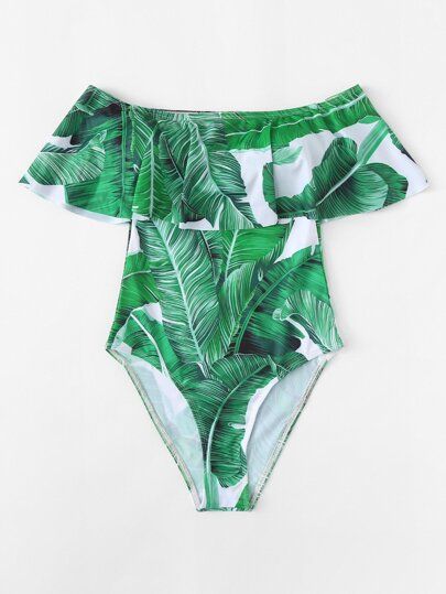 SHEIN Palm Leaf Print Flounce Bardot Swimsuit | SHEIN