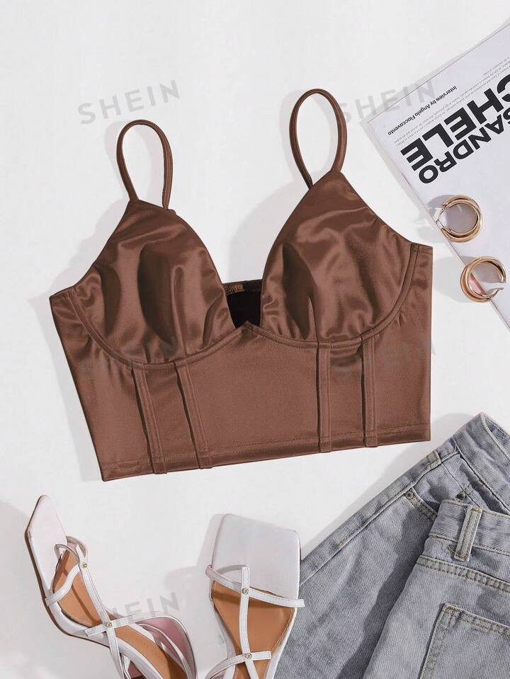 SHEIN Privé Solid Bustier Satin Crop Cami Top | SHEIN