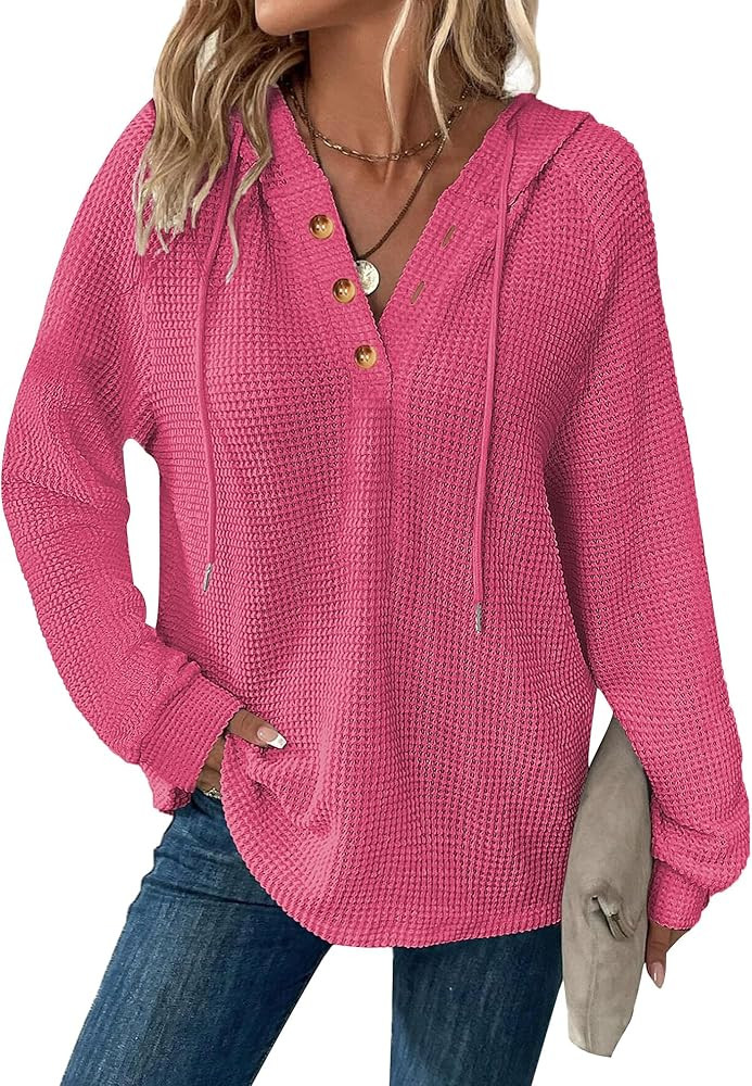 Hoodies for Women Waffle Knit V Neck Oversized Sweatshirt Button Down Drawstring Hooded Pullover ... | Amazon (US)
