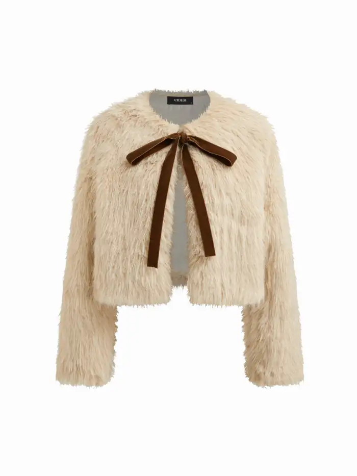 Faux Fur Faux Fur Round Neckline Bowknot Long Sleeve Jacket For Daily Casual | Cider
