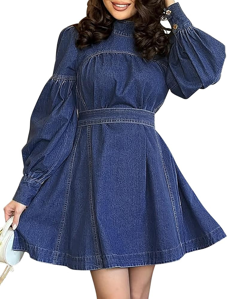 Denim Dress for Women Puff Long Sleeve, Mock Neck Babydoll Jean Mini Dress with Tie and Pocket | Amazon (US)