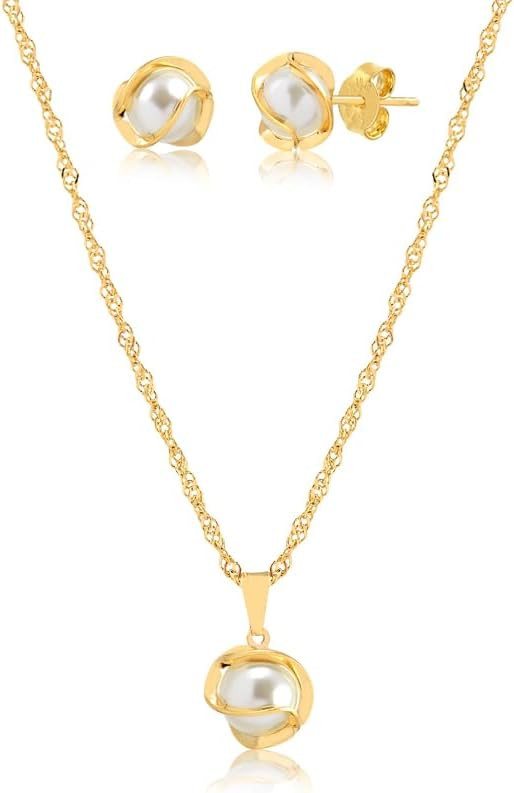 Conjunto Colar E Brinco Com Pingente de Pérola Folheado A Ouro 18k | Amazon (BR)
