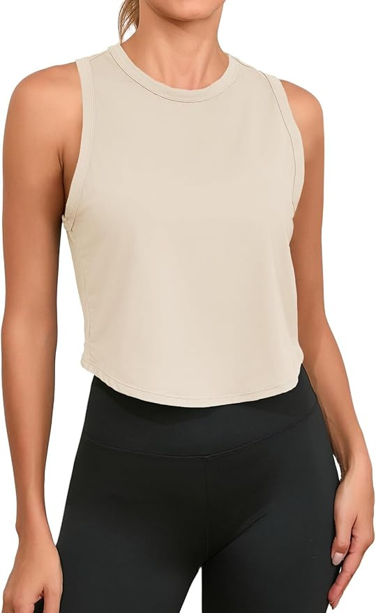 Fisoew Womens Workout Cropped Tank Tops Racerback Sleeveless Crewneck Running Yoga Active Shirts | Amazon (US)