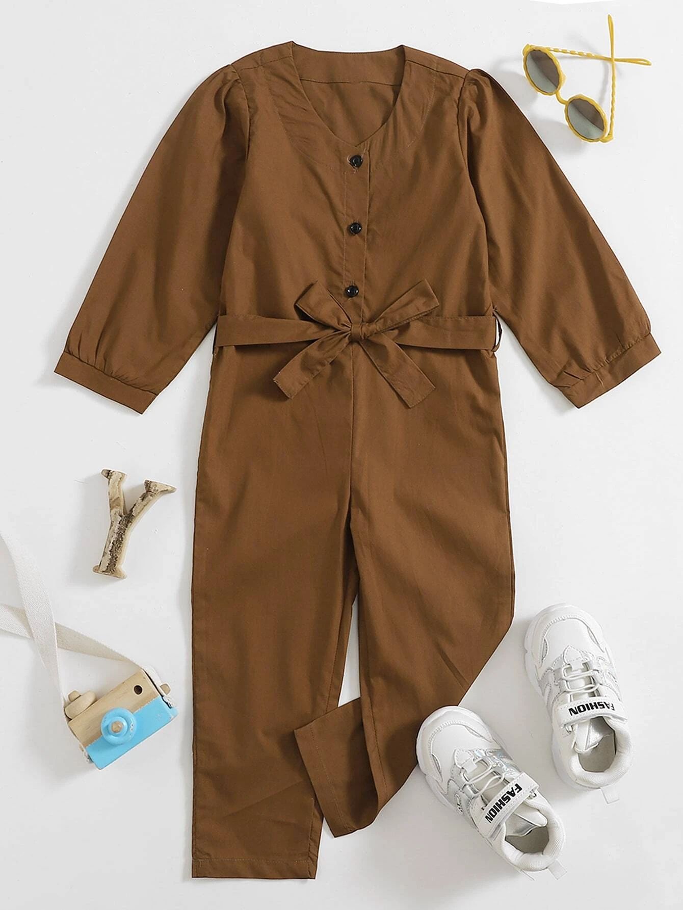 Toddler Girls Solid Button Belted Jumpsuit | SHEIN