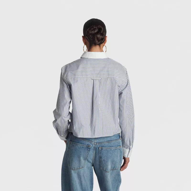 KBB by KAHLANA Women's Long sleeve 'The Cropped Asymmetric Shirt - Light Blue Striped XXL | Target