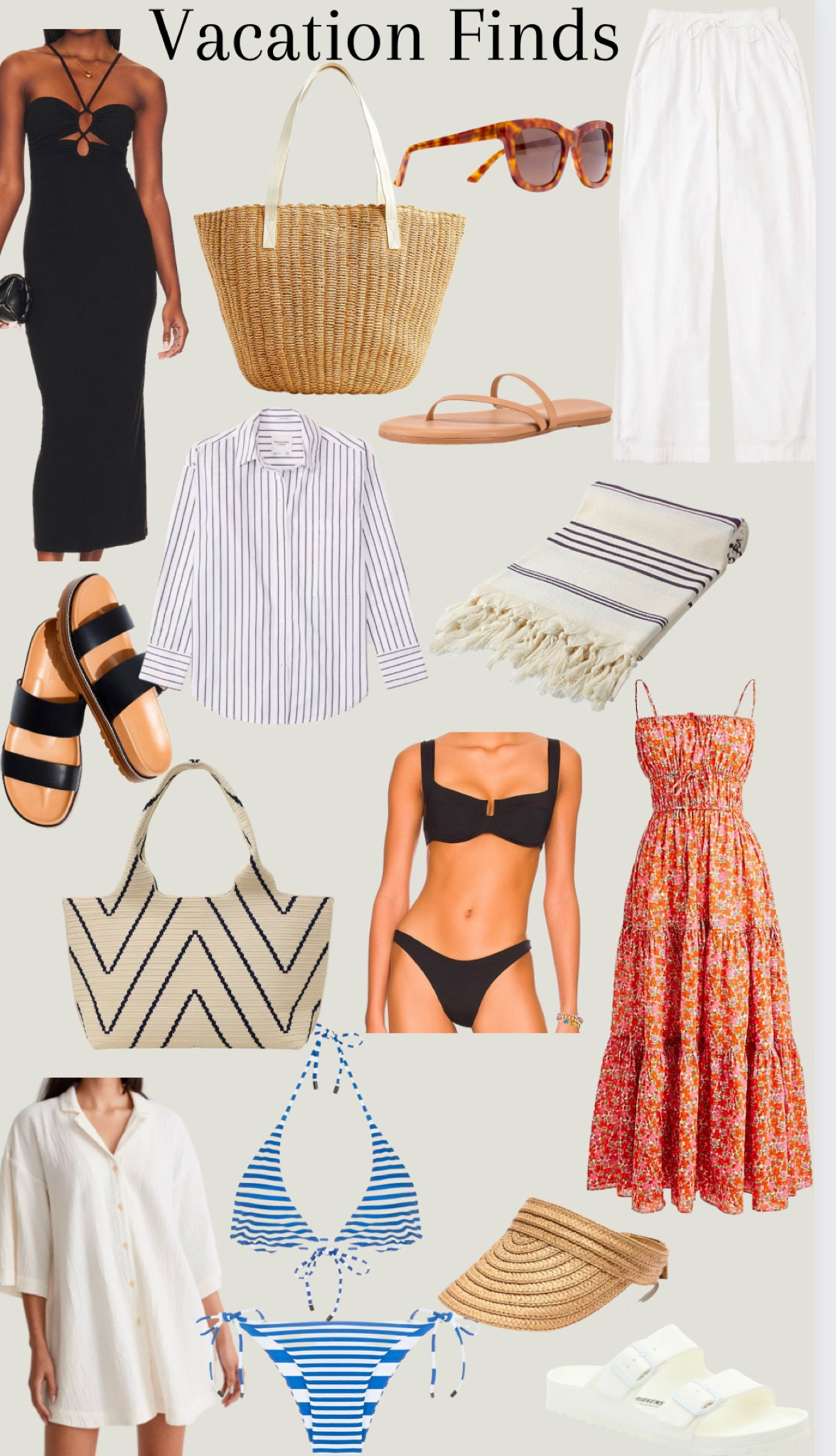 Beach vacation looks! Black maxi dress, straw tote bag, white linen trouser pants, nude slip on sandals/flip flops, black flat slides, button down shirt, striped Turkish towel, flows maxi dress, linen button down coverup, black bustier bikini top and bottom, straw beach hat visor, white waterproof Birkenstocks, striped halter bikini set, beach bag, beach shoes, sunglasses 

#LTKtravel #LTKstyletip #LTKSeasonal