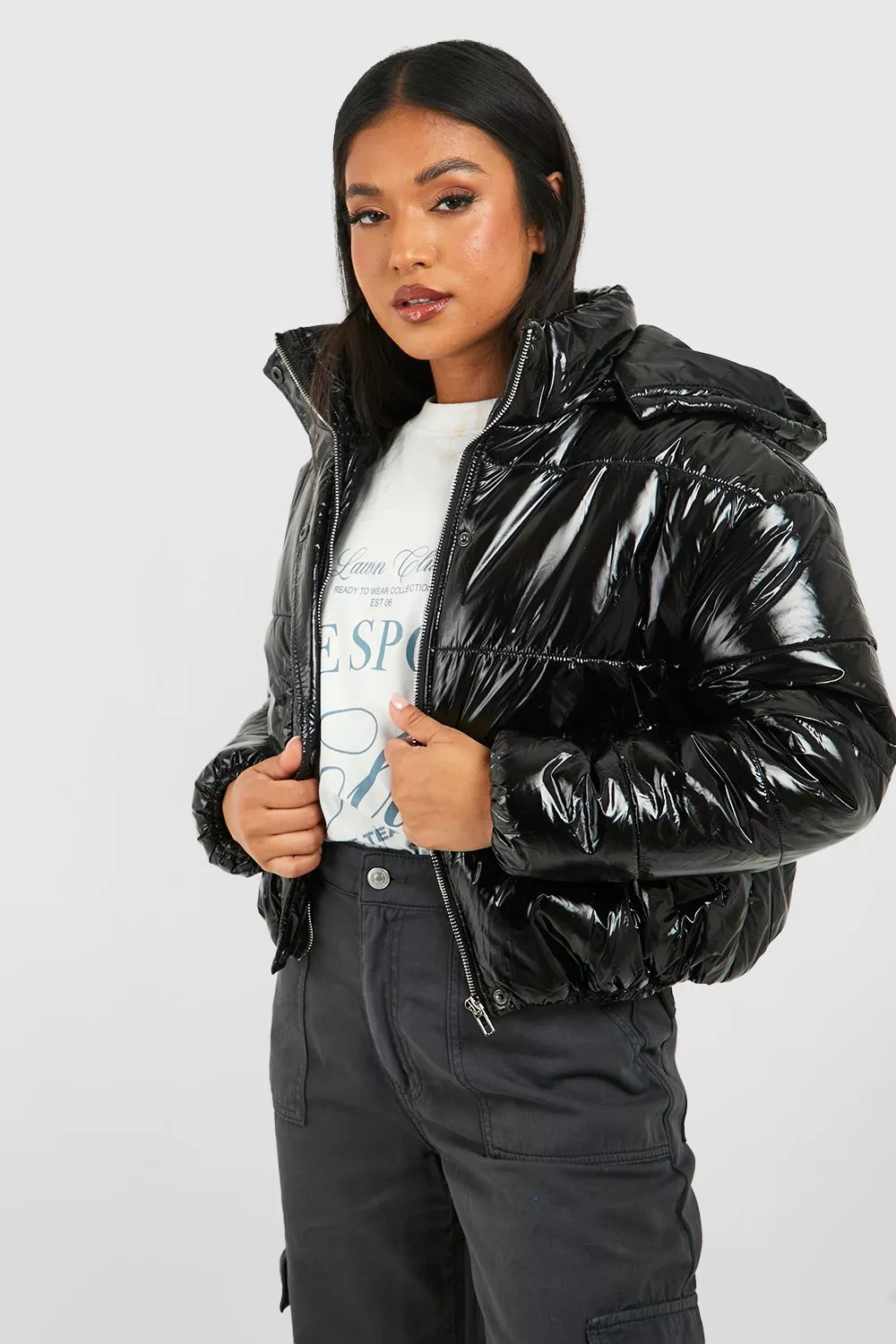 Petite Hooded Crop High Shine Coat | Boohoo.com (US & CA)