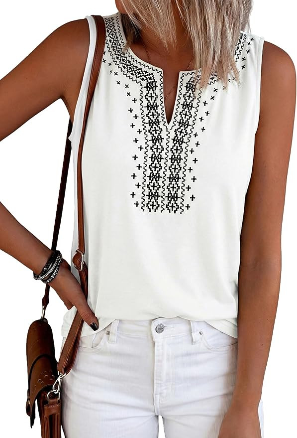PRETTYGARDEN Womens Tank Tops 2026 Summer Causal V Neck Sleeveless Shirts Floral Print Embroidere... | Amazon (US)