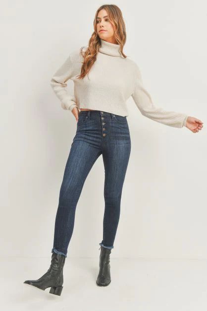 Frayed Hem Button Fly Skinny Jeans - Dark Wash | Alexa Reece Boutique