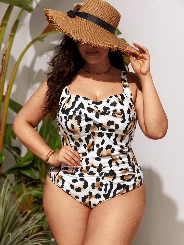 Plus Leopard Print Wrap Cross Lace-up Back One Piece Swimsuit | SHEIN