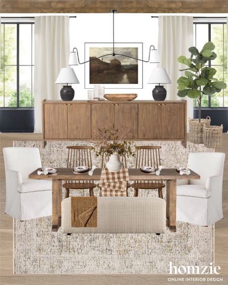 Warm neutral dining room design! Featuring upholstered dining chairs, neutral rug, buffet table and seasonal decor 

#LTKSeasonal #LTKhome #LTKsalealert