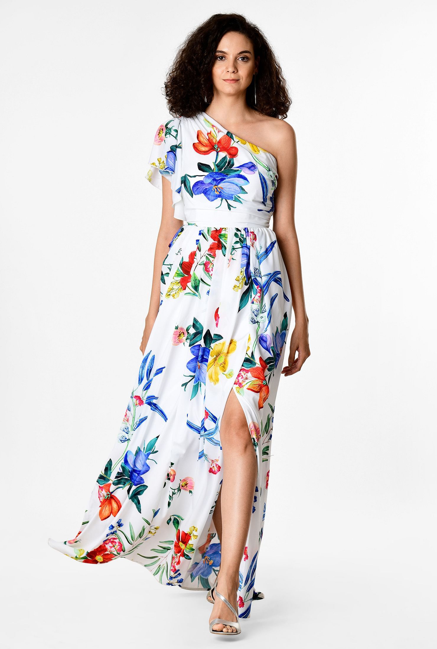 One-shoulder ruffle floral print crepe maxi dress | eShakti