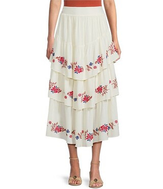 Embroidered Floral Detail Tiered Midi Skirt | Dillard's
