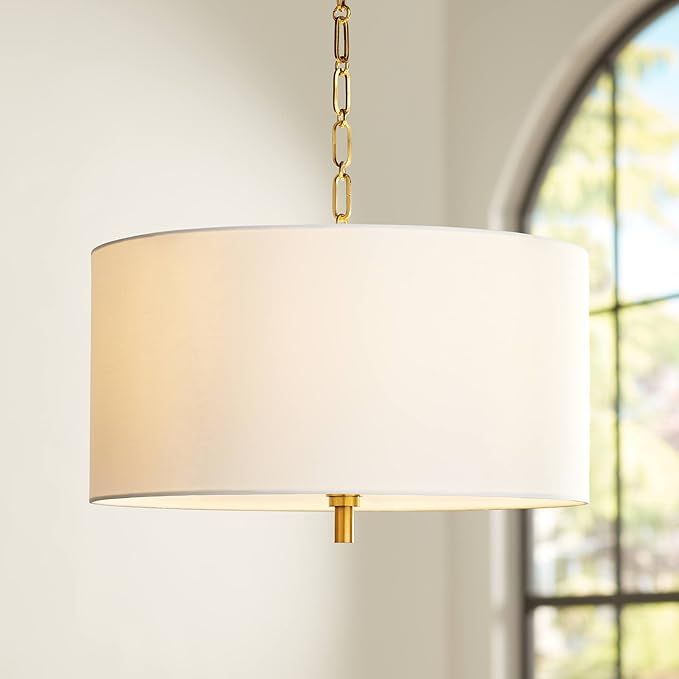 Possini Euro Design Warm Gold Pendant Chandelier Lighting 20" Wide Modern White Linen Drum Shade ... | Amazon (US)