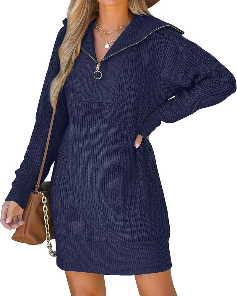 WIHOLL Women's 2023 Sweater Dress Quarter Zip Neck Knit Mini Pullover Long Sleeve Loose Fit Ribbe... | Amazon (US)