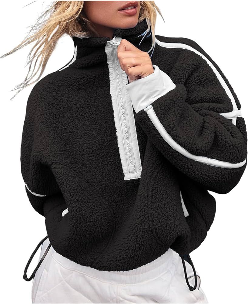 Women's Fleece Sweatshirts Half Zip Pullover Long Sleeve Oversized Workout Crop Tops Hoodie with ... | Amazon (US)