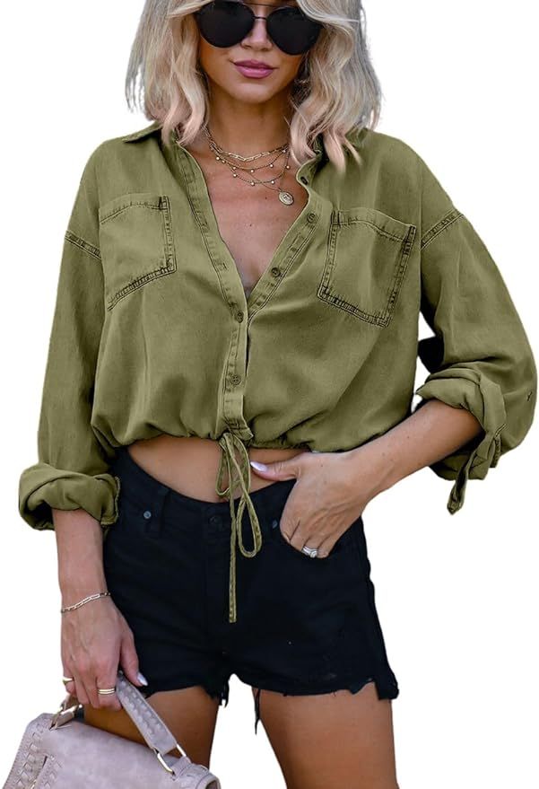 Kwoki Women's Cropped Denim Shirt Roll Up 3/4 Sleeve Casual Loose Crop Tops Drawstring Hem Button... | Amazon (US)