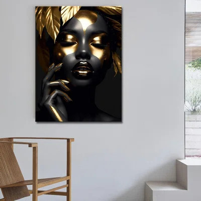 African Art Wall Decor Elegant African American Wall Art Black And Gold Leaf Women Portrait Print Painting Framed For Home Living Room Bedroom Decor | Wayfair North America