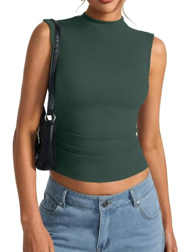 EasyGala Women's Sleeveless Mock Turtle Neck Tops Fitted Ribbed Tank Top Basic Summer Shirts Spring Outfits 2025 Forest Green | Amazon (US)
