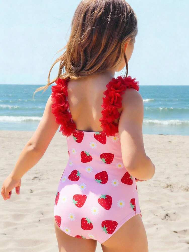 Emery Rose Kids Emery Rose Kids Young Girl Knitted Striped Bowknot Design 3D Floral One-Piece Swimsuit Girls Pink Bow Swimsuit Girls Striped Swimsuit One Piece Swimsuit Girls Pink One Piece Swimsuit Girls Swimwear | SHEIN