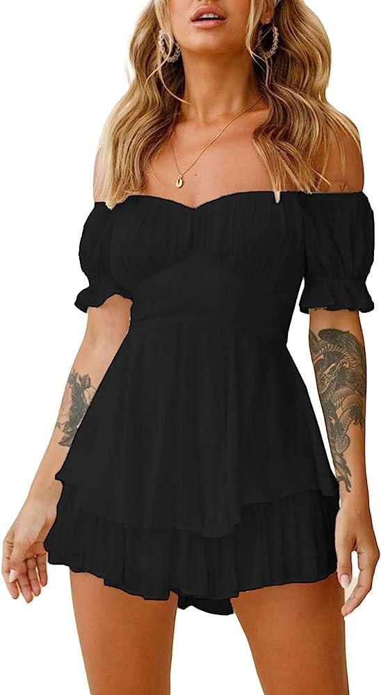 Women Boho Off Shoulder Romper Shorts Summer Floral Ruffle Jumpsuits Dressy | Amazon (US)