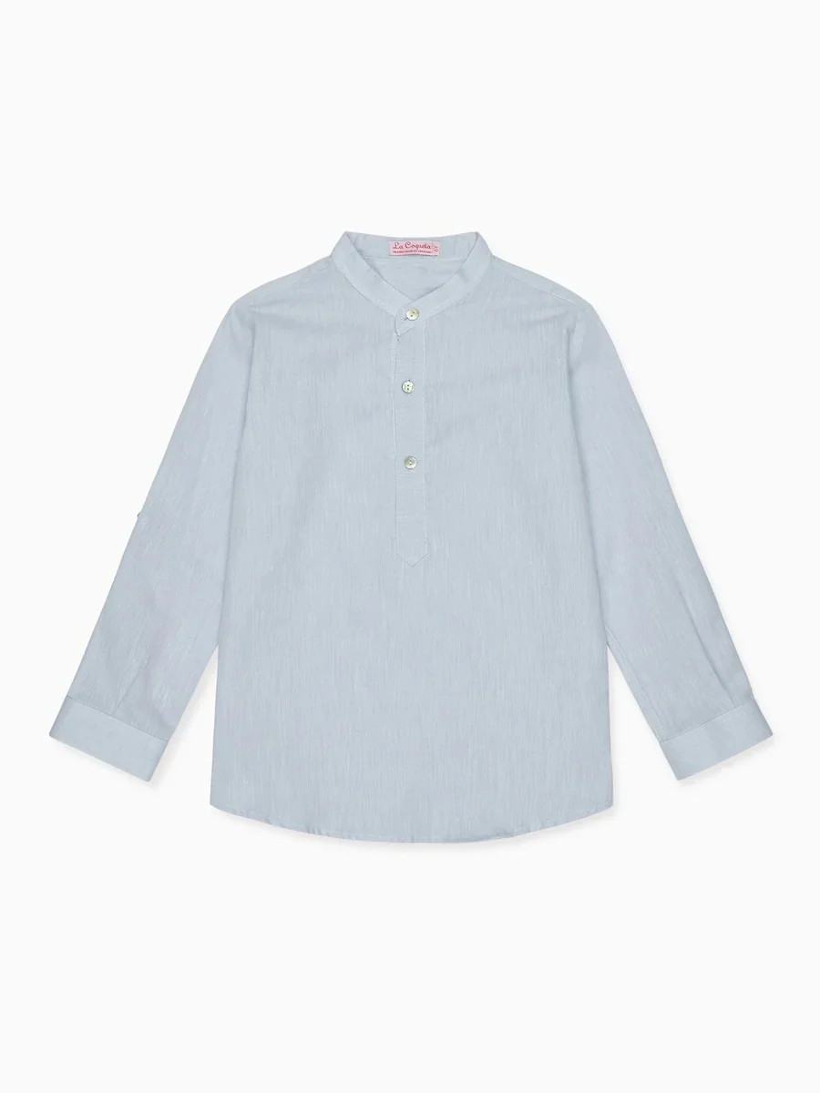 Dusty Blue Jazmin Linen Mix Long Sleeve Boy Shirt | La Coqueta (US)