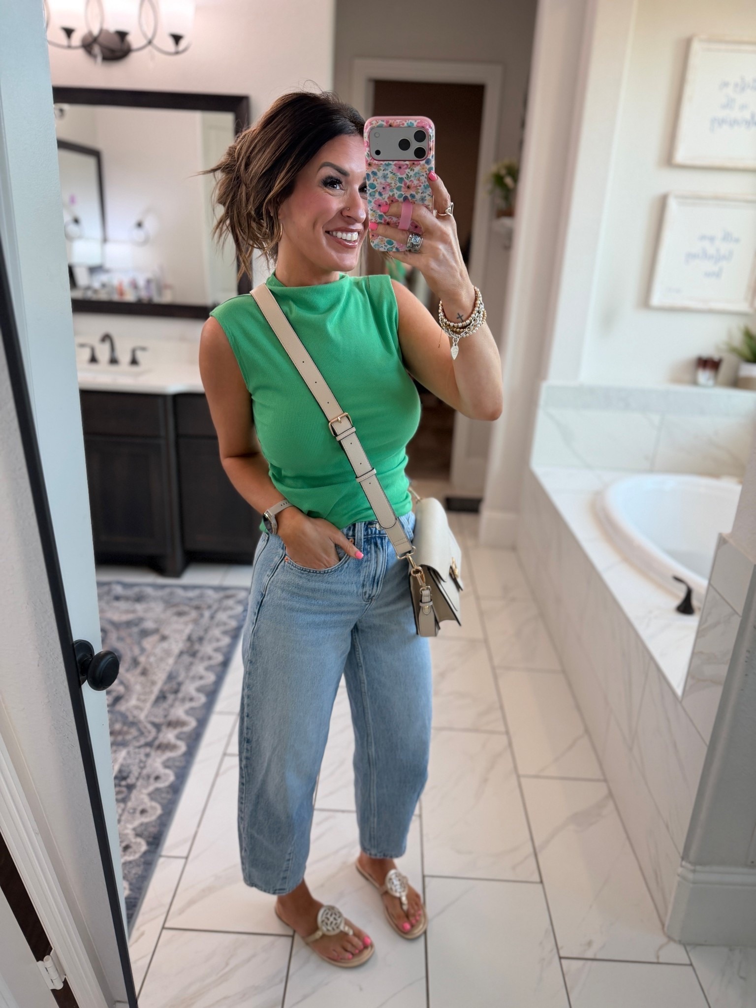 Wearing an XS in the top and a 0 Regular in the jeans (I’m 5”6 for reference). The jeans do not have a lot of stretch and are tighter in the waist and wider through the thighs. 

#LTKootd #LTKmomlife #LTKgrwm