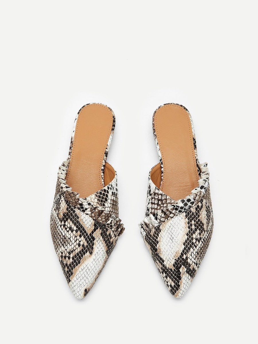 Ruffle Detail Snakeskin Print Flat Mules | SHEIN