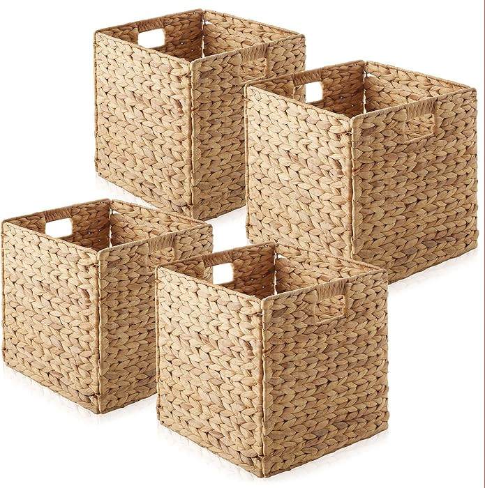 Casafield 12" x 12" Water Hyacinth Storage Baskets, Natural - Set of 4 Collapsible Cube Organizer... | Amazon (US)
