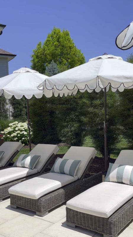 *These umbrellas are currently on sale* Our Omaha pool deck furniture including woven chaise lounge chairs, white scalloped umbrellas, striped outdoor pillows, tall planters and my favorite plant fertilizer!
.
#ltkhome #ltksalealert #ltkseasonal #ltkfindsunder50 #ltkfindsunder100 #ltkswim #ltkfamily #ltkvideo

#LTKSeasonal #LTKsalealert #LTKhome