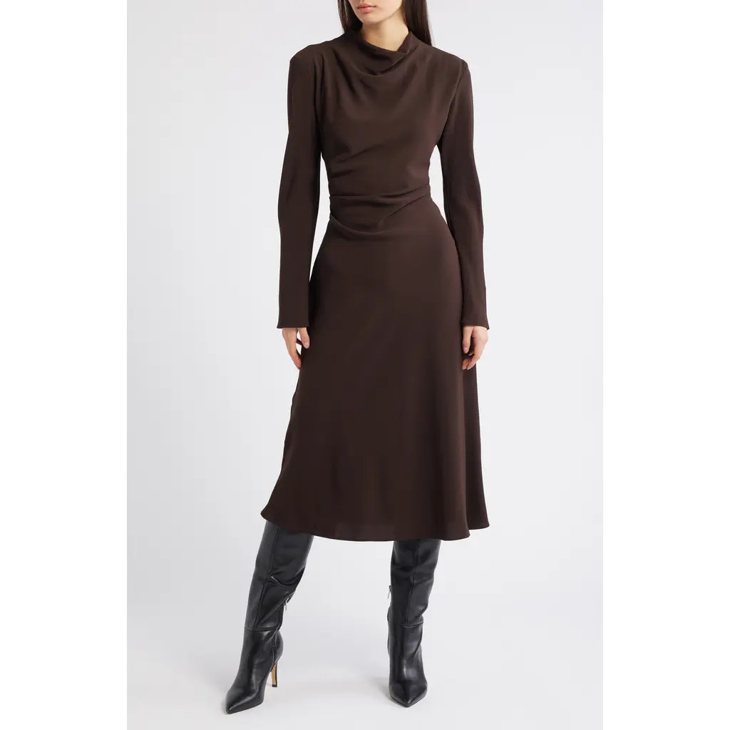 MANGO Caro Ruched Long Sleeve Midi Dress in Chocolate at Nordstrom Rack, Size 6 | Nordstrom Rack