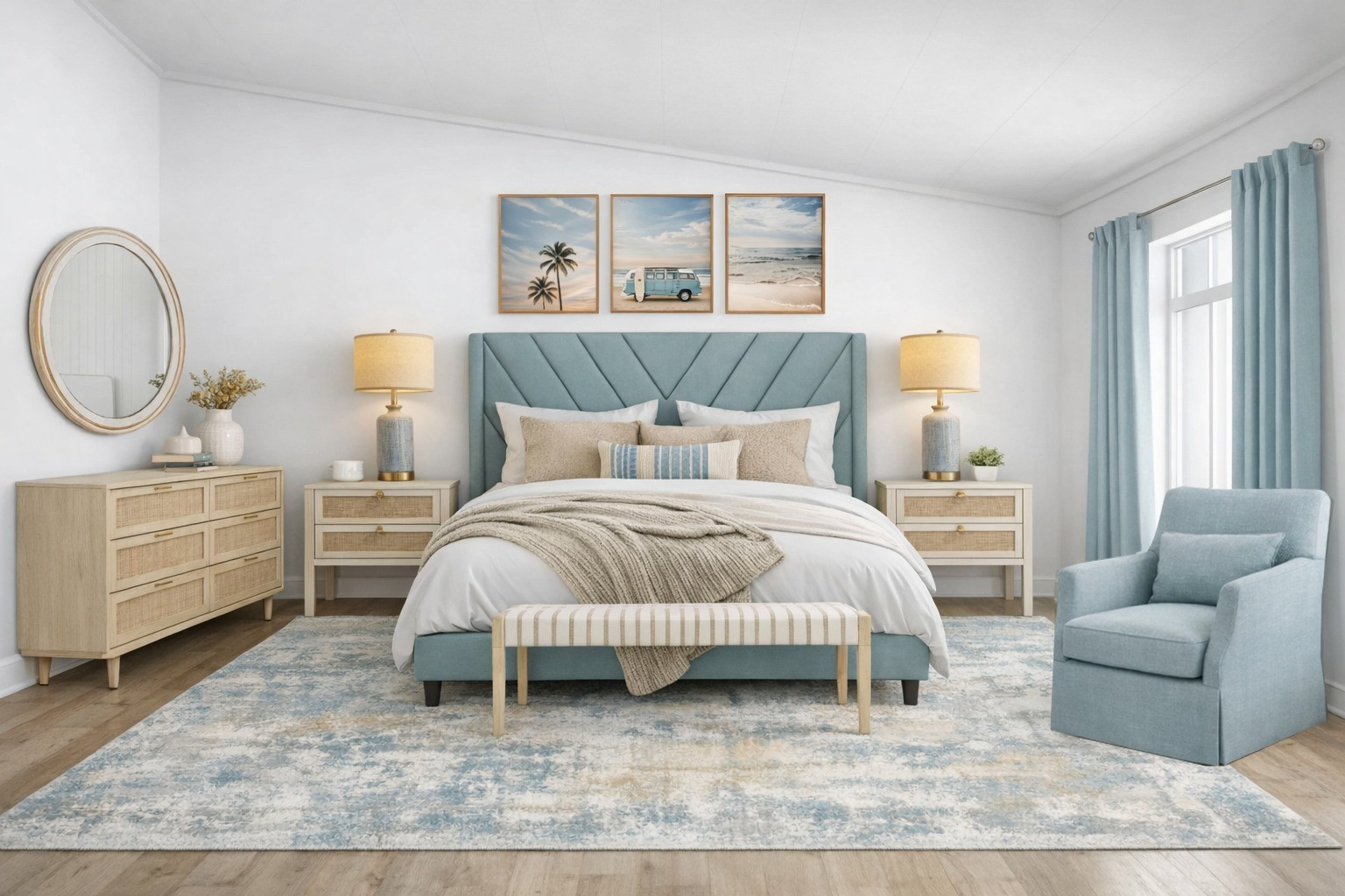 Coastal calm, layered textures, and the perfect soft blue moment 
This bedroom design proves that serene spaces can still feel elevated and inviting. From the upholstered bed to the light wood tones and cozy textiles, every detail was chosen to create a relaxing retreat with timeless coastal style.

Shop the look for:
• Coastal bedroom inspiration
• Upholstered beds
• Neutral + blue decor
• Bedroom furniture & styling
• Soft layered bedding
• Modern coastal interiors#LTKStyleTip #CoastalStyle #BedroomInspo #InteriorDesign #ModernCoastal #BedroomDecor #HomeStyling #NeutralDecor #CoastalBedroom 

 #LTKMothersDay

#LTKHome #LTKHome