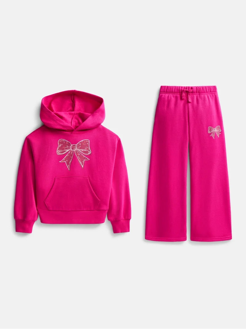Wonder Nation Girls Fleece Hoodie and Wide Leg Sweatpants Set, 2-Piece, Sizes 4-18 | Walmart (US)