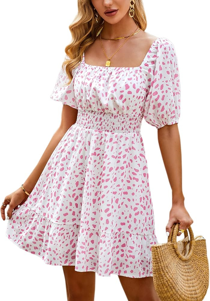 ECOWISH Womens Dresses Square Neck Floral Print A-Line Ruffle Long Sleeve Casual Flowy Mini Dress fo | Amazon (US)