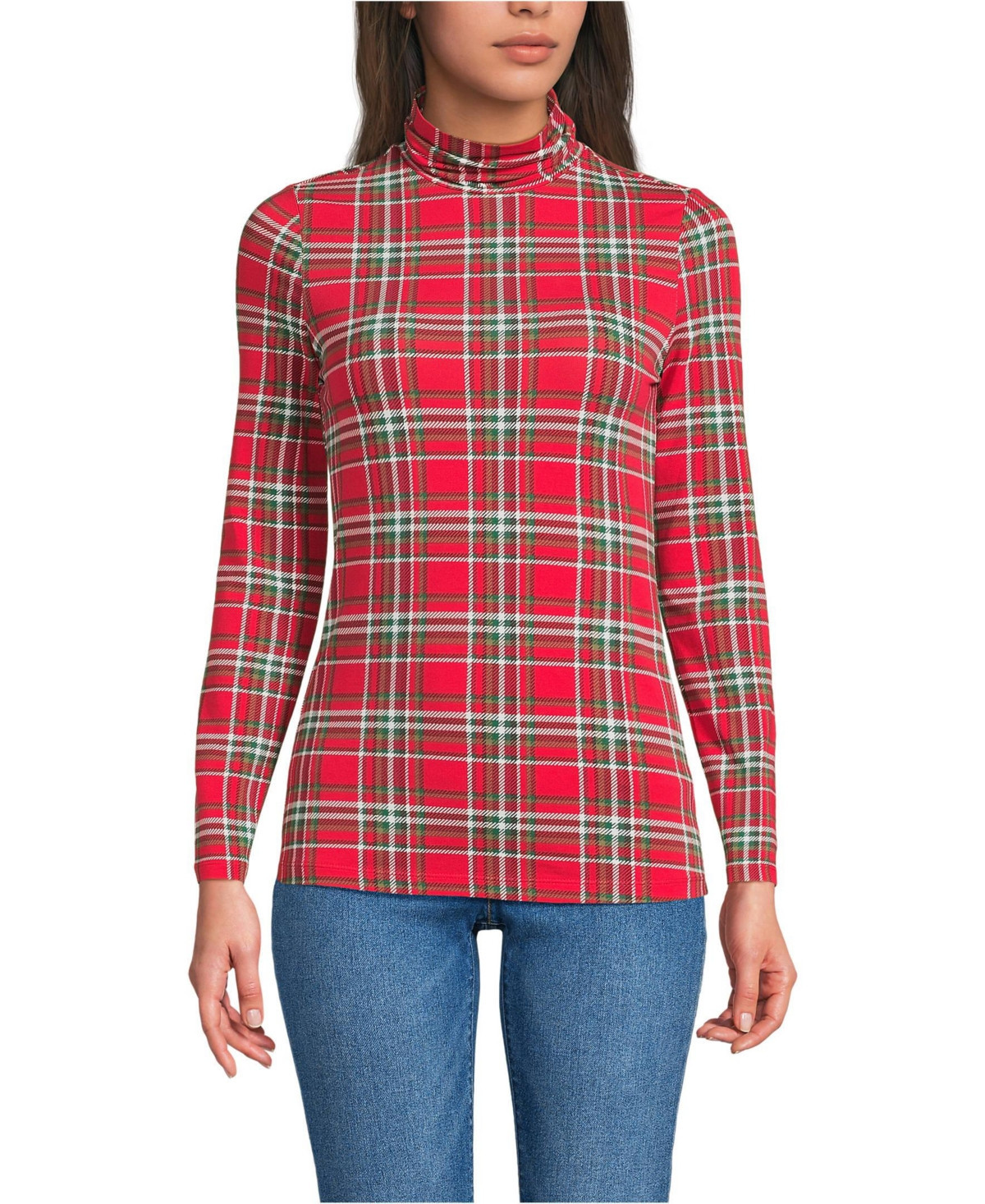 Lands' End Tall Lightweight Jersey Long Sleeve Turtleneck - Compass red/emerald plaid | Macy's