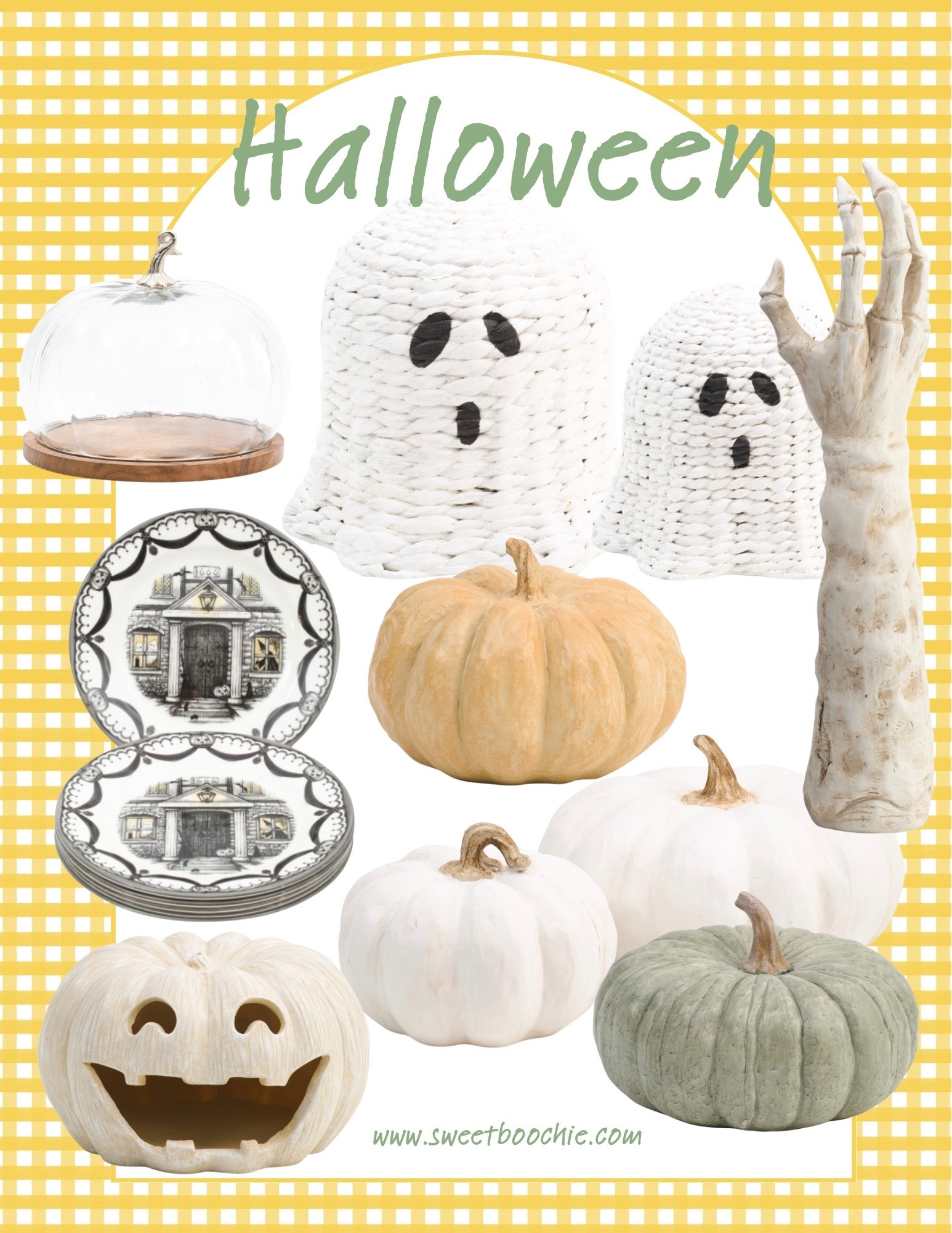 Pretty spooky Halloween decor. faux pumpkins great for outdoor on the porch, Halloween dishes - use as decor leaning on mantel or hanging in kitchen - wicker ghost in two sizes, mummy hand yard stake, glass pumpkin dome to hold morning breakfast treats. 

#LTKStyleTip #LTKHome #LTKSeasonal