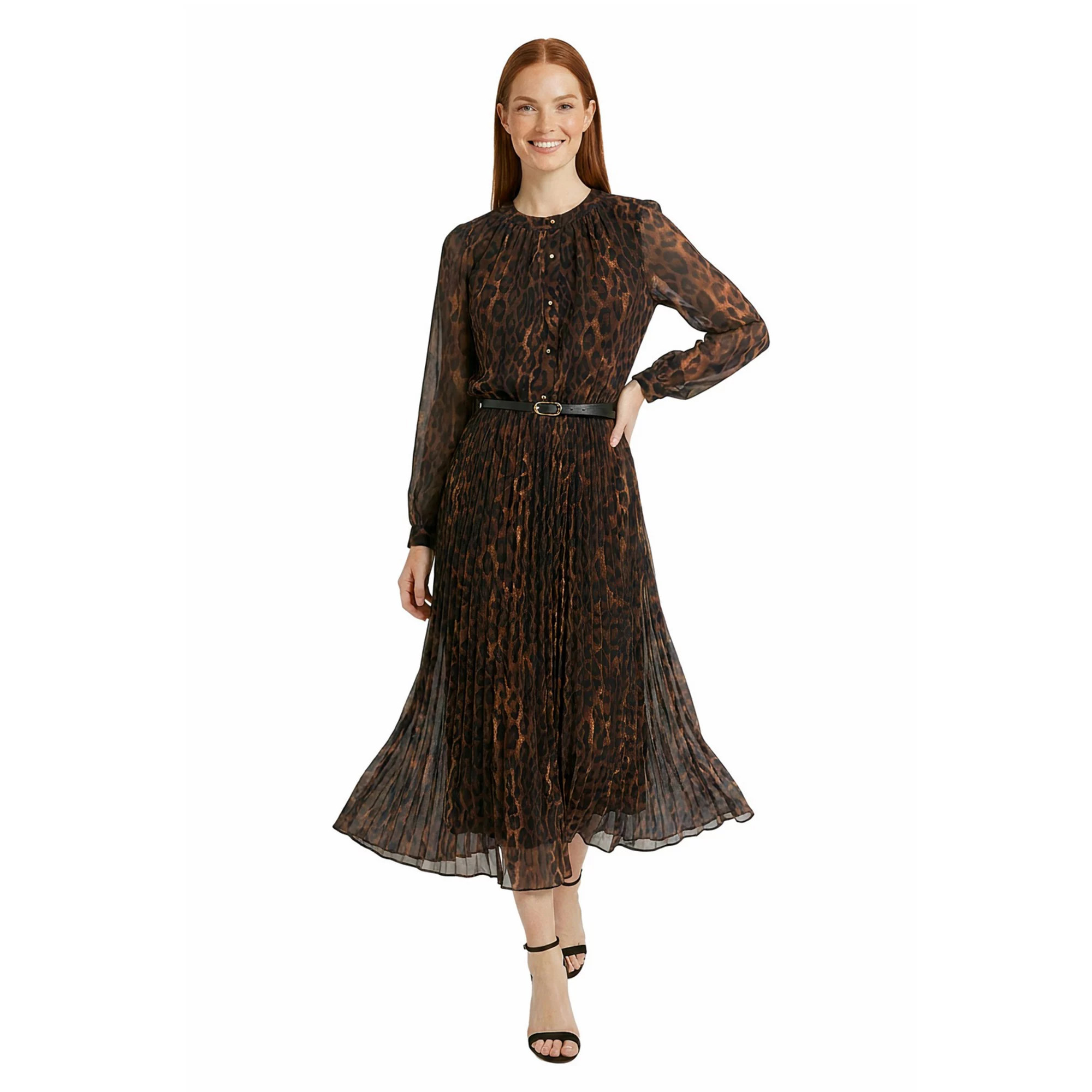 Women's London Times Jewel Neck Button Up Dress With Pleated Skirt, Size: Large, Brown | Kohl's