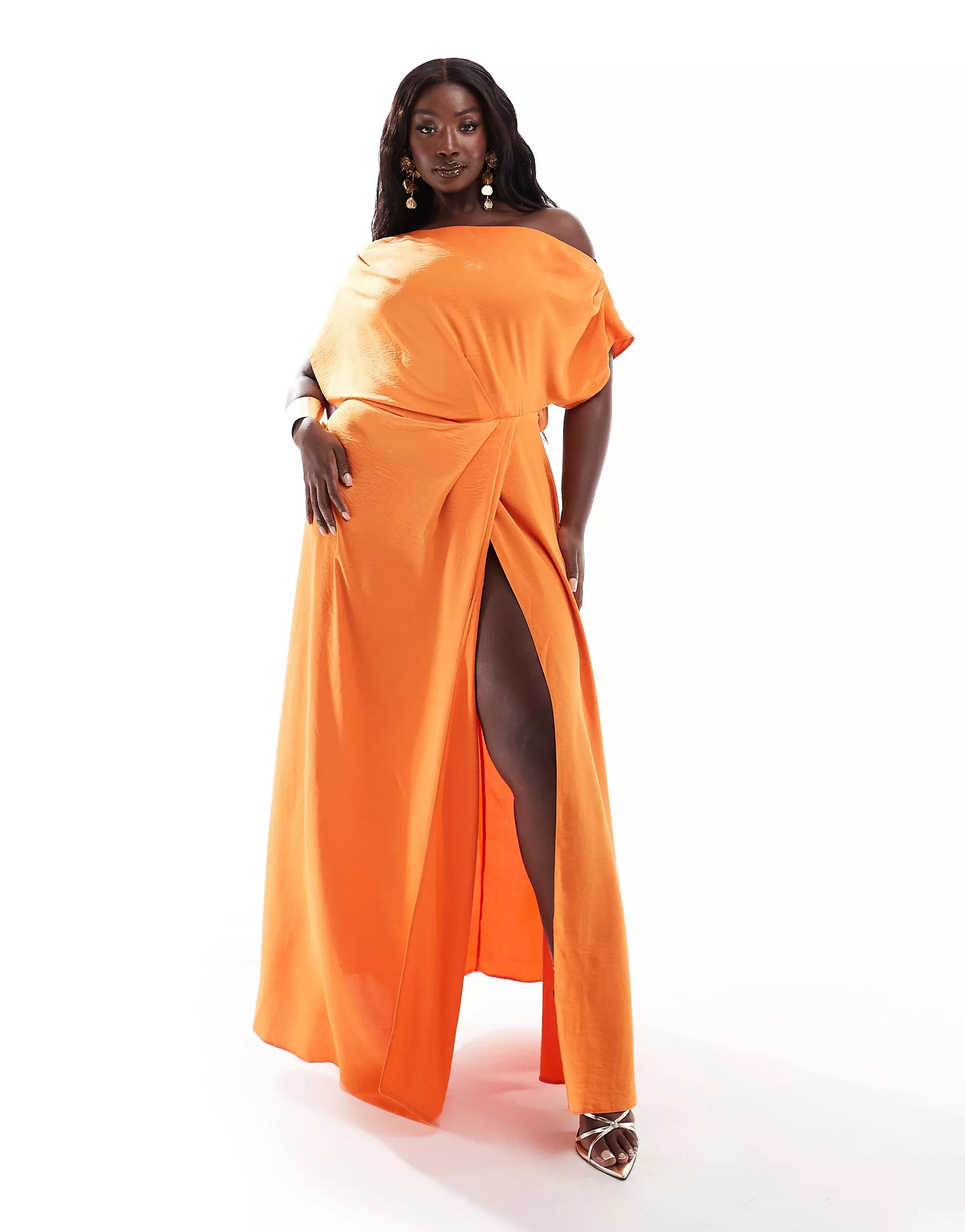 ASOS DESIGN Curve exclusive satin off shoulder high split maxi dress in orange | ASOS (Global)