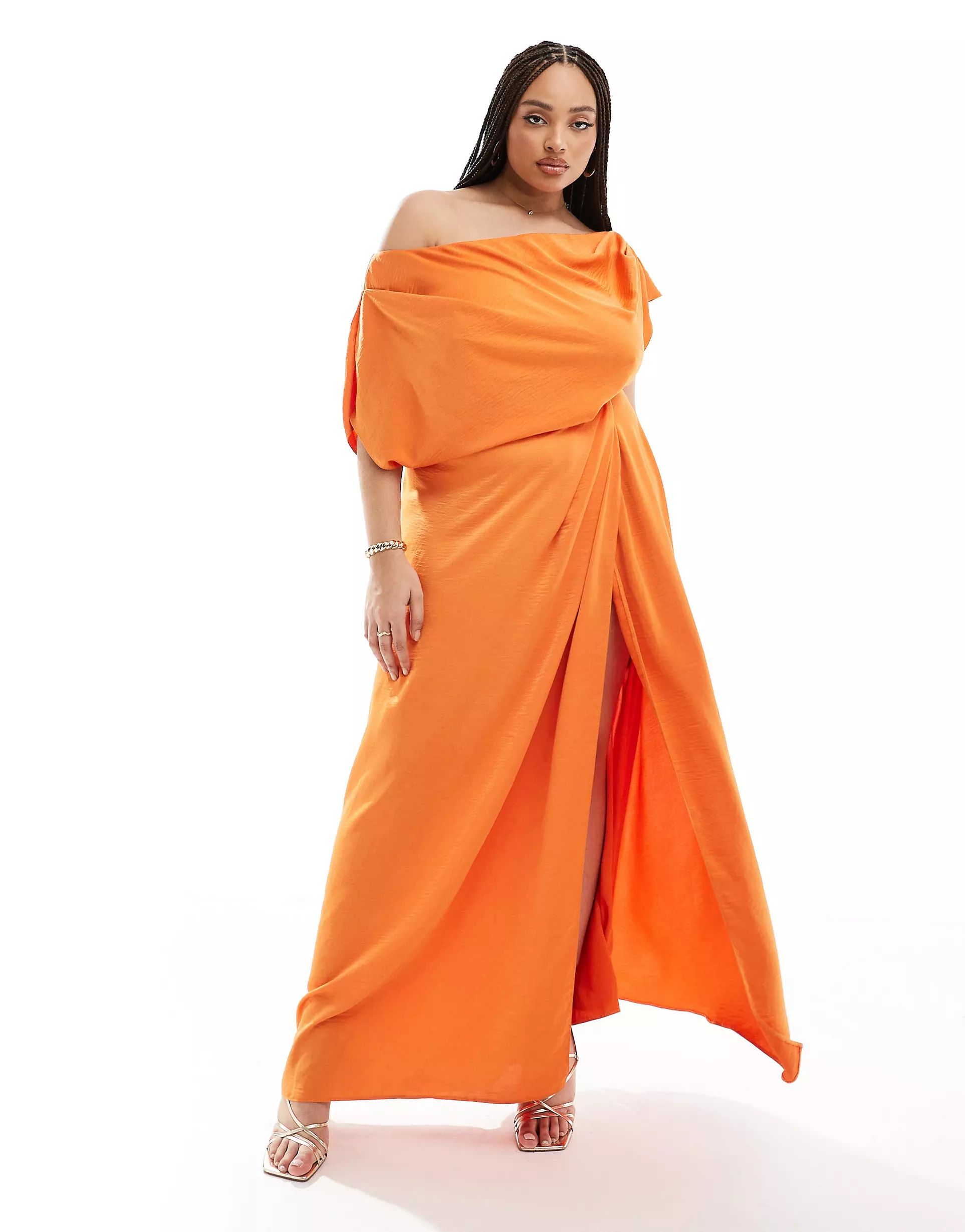 ASOS DESIGN Curve exclusive satin off shoulder high split maxi dress in orange | ASOS (Global)