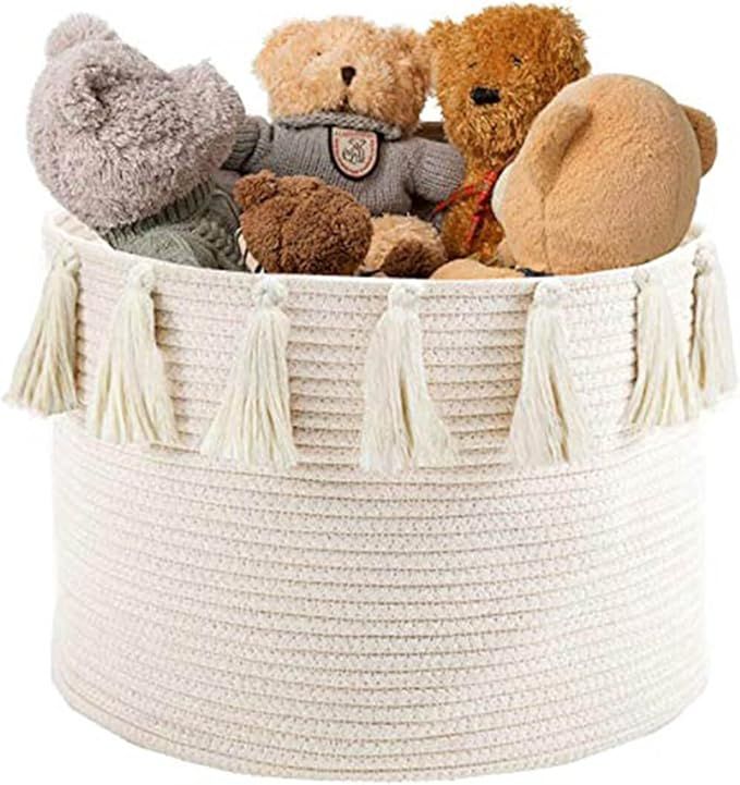 Abetree Tassel Rope Woven Basket Storage with Handle Cotton Laundry Hamper Nursery Basket Blanket... | Amazon (US)