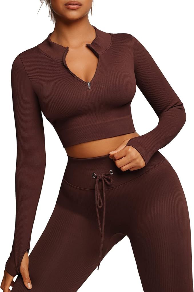 FeelinGirl Workout Sets for Women 2 Piece Seamless Long Sleeve Crop Tops Seamless Ribbed High Wai... | Amazon (US)