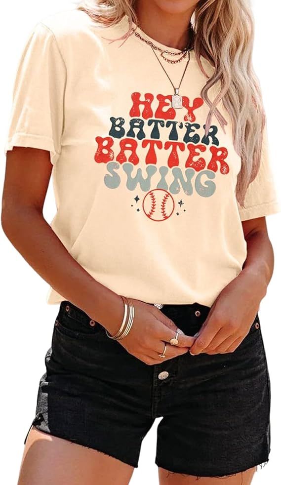 GLIGLITTR Women Hey Batter Batter Swing Shirt Baseball Mom Graphic Tee Short Sleeve Loose Ballpar... | Amazon (US)